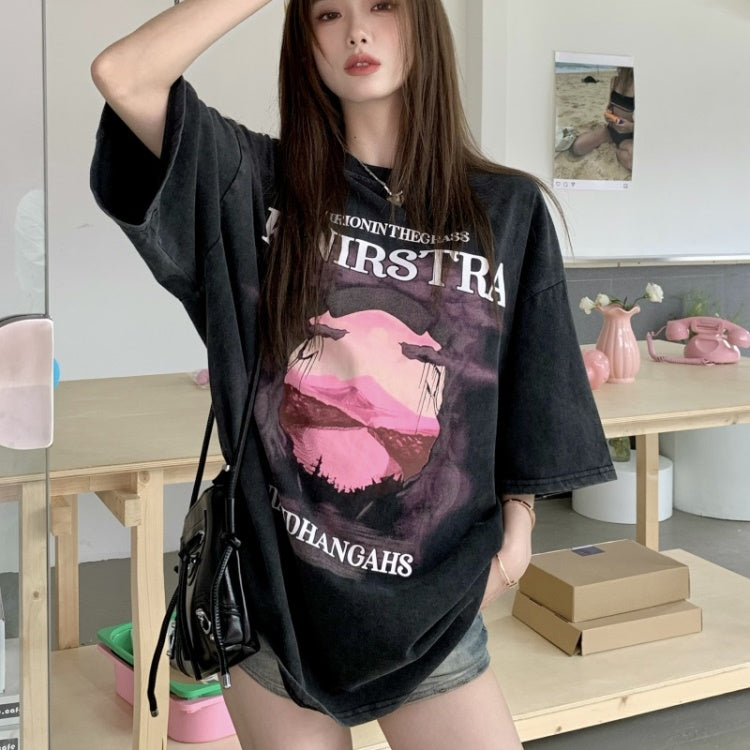 グラフィック Tシャツ レディース 韓国 ストリート プリント オーバー