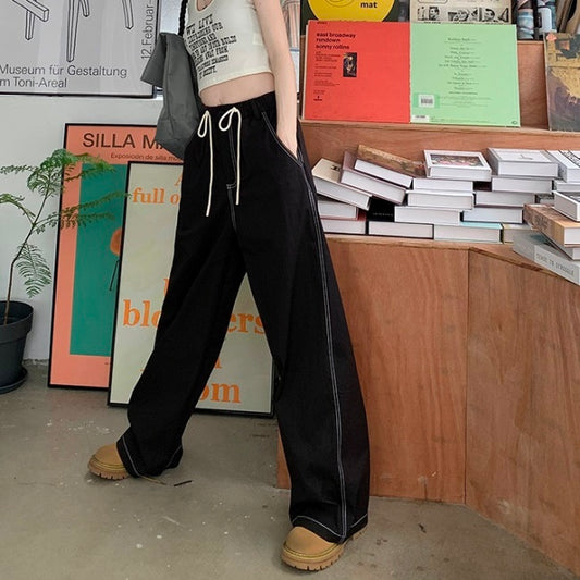 ナイロン ワイドパンツ レディース 韓国 シャカパン ロング ボリューム シンプル ステッチ ポケット