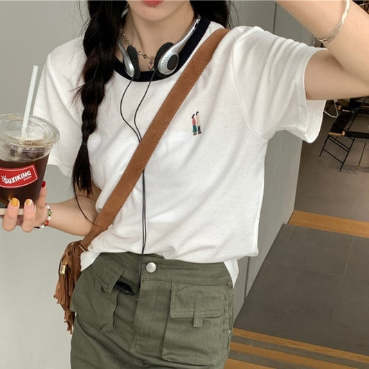 ワンポイント リンガーTシャツ レディース 韓国 シンプル 夏トップス バイカラー パイピング かわいい アクセント