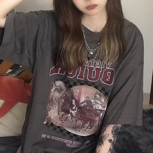 Tシャツ レディース ビッグシルエット プリント T 韓国 ファッション レトロ プリント 半袖 トップス