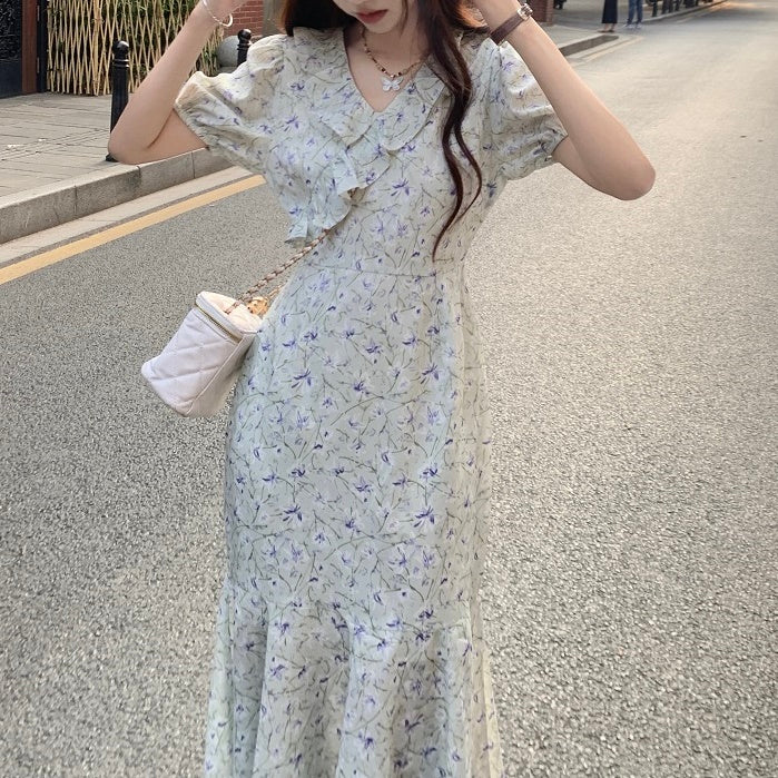 夏 ワンピース 韓国 マーメイド フリル 花柄 ロングワンピース フェミニン 上品 お呼ばれワンピ アシメ ラッフル 切替 フレア 体系カバー