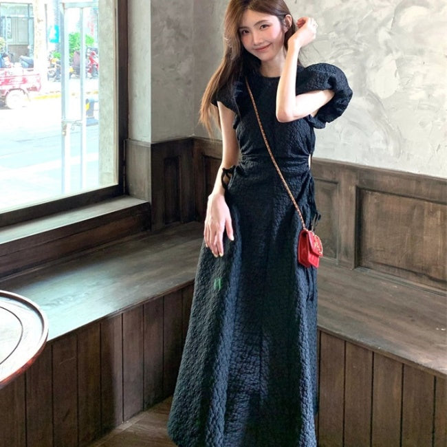 韓国 服 レディース ワンピース 黒 ドレス ロングスカート 黒 ロングワンピ