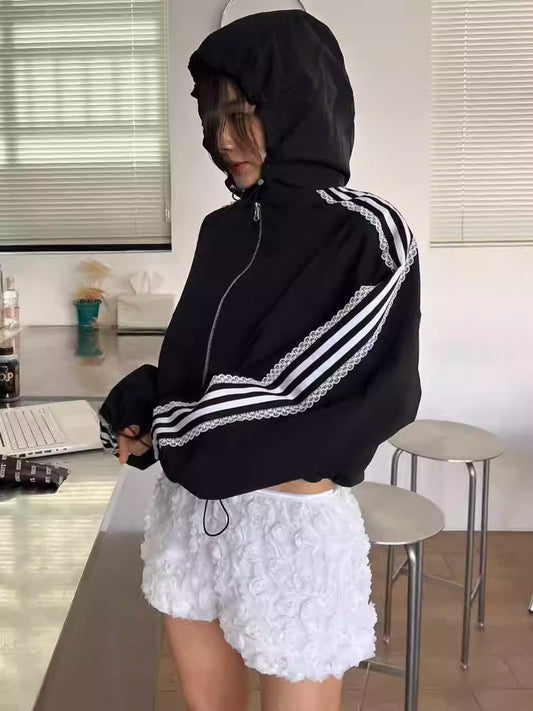 レース ライン ナイロンジャケット韓国 スポーティ ファッション フォード ショート丈 ドローコード 調整 ジャケット