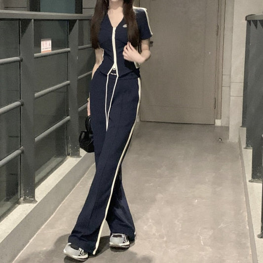 夏 カジュアル ジャージ セットアップ レディース 韓国 ファッション サイドラインパンツ 夏 スポーツ タイト スポーツウェア