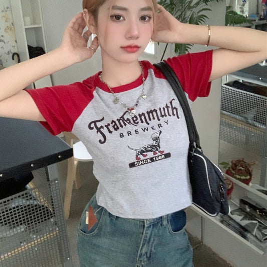 クロップド Tシャツ レディース 韓国 ファッション ショート丈 プリント ロゴ ラグラン T ミニマム 夏トップス