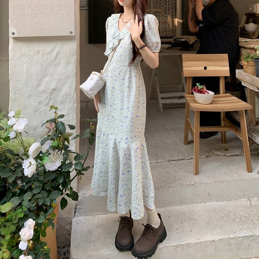 夏 ワンピース 韓国 マーメイド フリル 花柄 ロングワンピース フェミニン 上品 お呼ばれワンピ アシメ ラッフル 切替 フレア 体系カバー