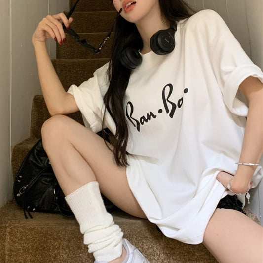 ロゴ Tシャツ レディース 韓国 プリント グラフィック T 白黒 夏トップス オーバーサイズ モノトーン シンプル