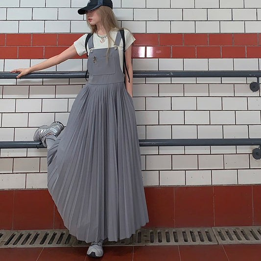 プリーツ ジャンパースカート 韓国 サロペットスカート ロングフレア ノースリーブ ワンピース