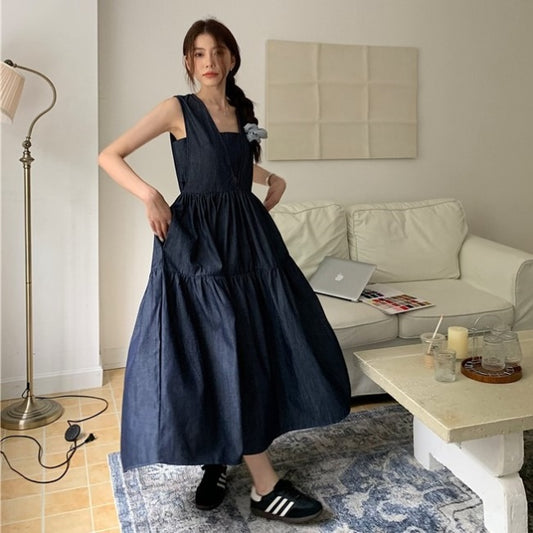 デニム ロングワンピース 韓国 ファッション レディース 夏ワンピ ノースリーブ 切り替え ロングマキシ デニムワンピ