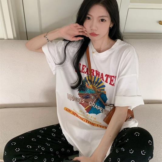 グラフィック Tシャツ レディース 韓国 ファッション 半袖 リラックス オーバーサイズ ロゴ プリント Tシャツ 夏トップス