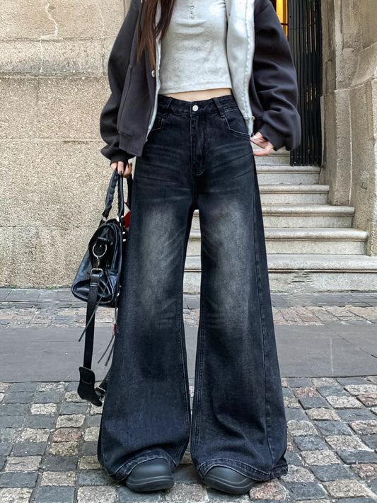 フレア ワイド ブラック デニムパンツ 韓国 ファッション レトロ ヴィンテージ加工 ブラック ジーンズ 秋冬 ゆったり 脚長シルエット