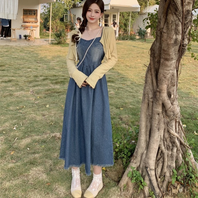 デニムワンピース レディース 韓国 ファッション キャミ ロングワンピース フレア Aライン フリンジカット ノースリーブ デニムワンピ
