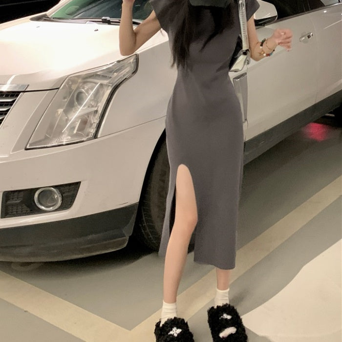 スリット ワンピース 韓国 無地 カットソー フレンチスリーブ 半袖 ロングワンピース タイト 夏ワンピ