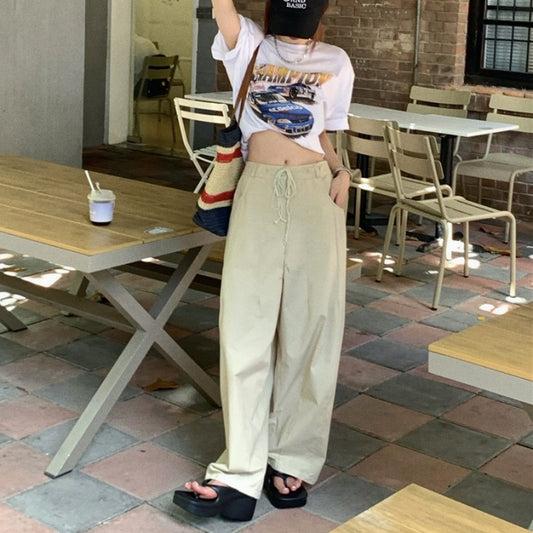 ワイドパンツ レディース 韓国 イージーパンツ 夏服 紐パン シンプル オーバーサイズ パンツ