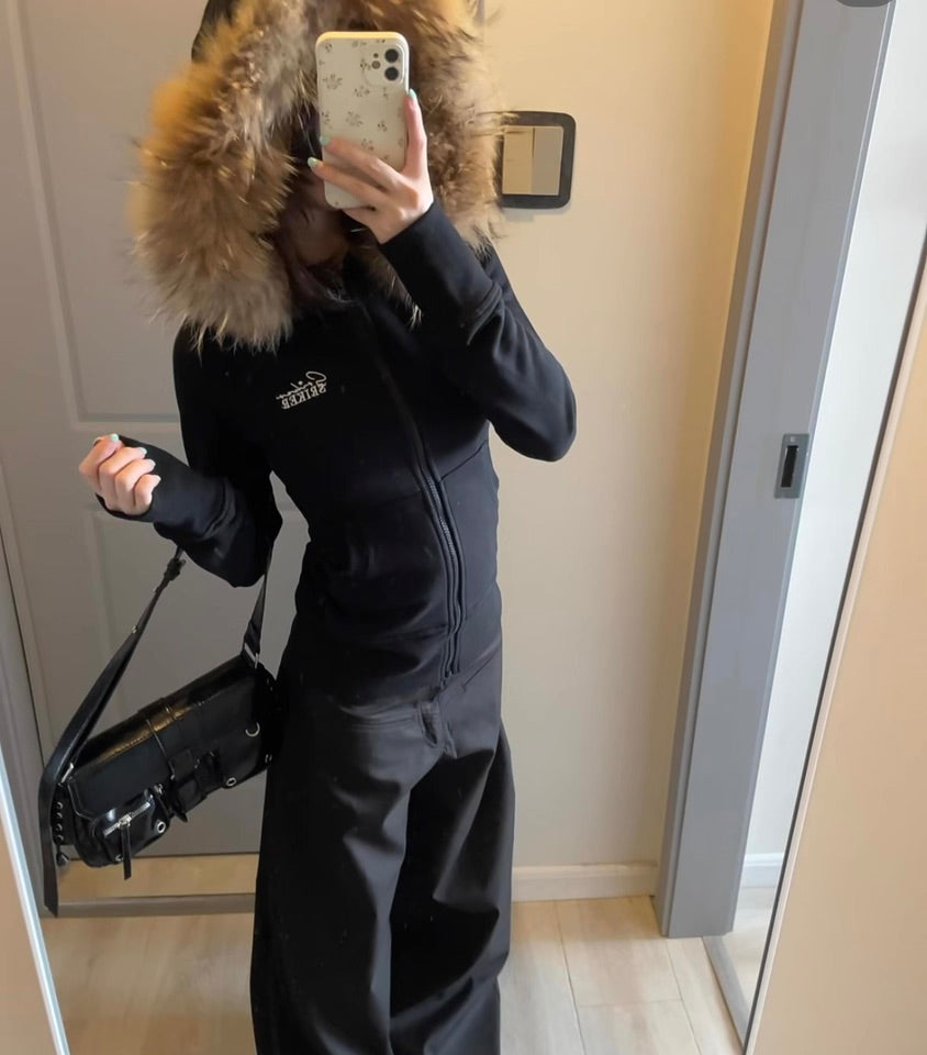 ファーフード ジップ パーカー レディース 韓国 ファッション タイト ストレッチ ロゴパーカー