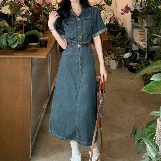 デニム ロングワンピース レディース 韓国 半袖 ジーンズ ワンピース 夏服 デニムワンピ