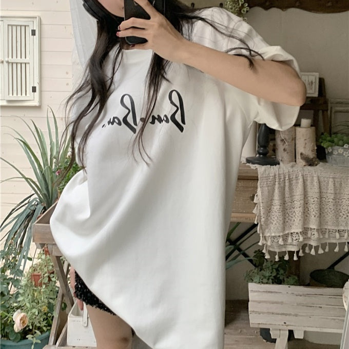 ロゴ Tシャツ レディース 韓国 プリント グラフィック T 白黒 夏