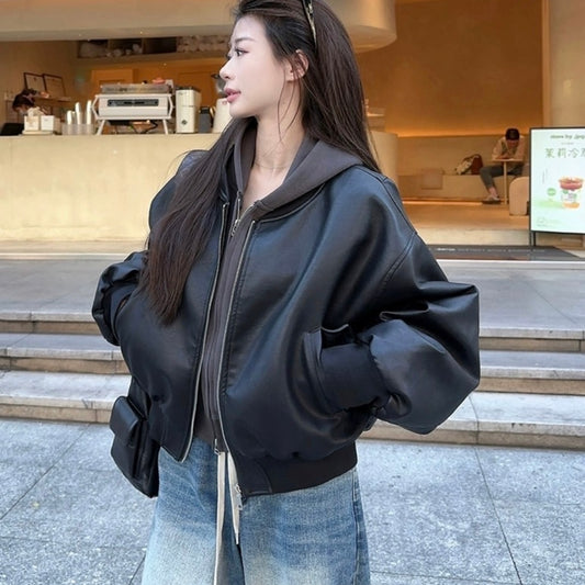 エコレザー ジャケット & ジップ パーカー セット レディース 韓国 ファッション アウター PU レザー ぶ