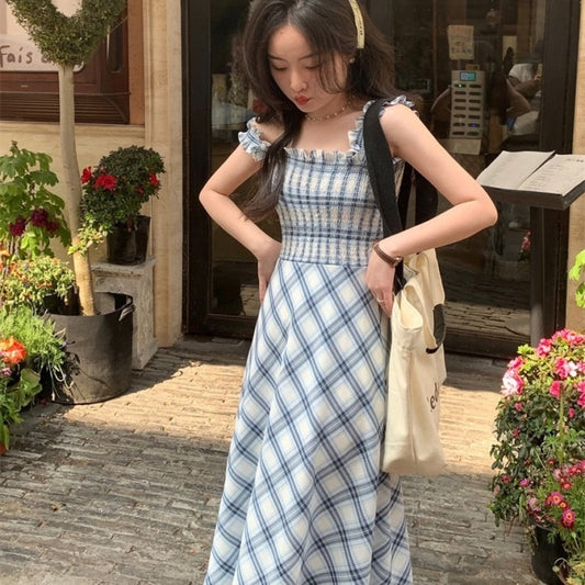 チェック ロングワンピース 韓国 ノースリーブ フリル ショルダー チューブトップ ワンピース