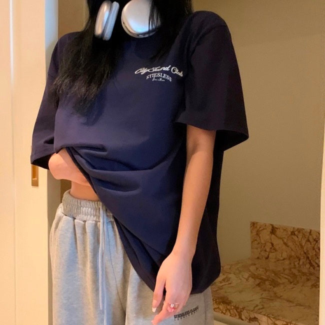 Tシャツ レディース 韓国 ビッグシルエット バックロゴ 半袖 T トップス オーバーサイズ 夏 ゆったりTシャツ 白 ネイビー