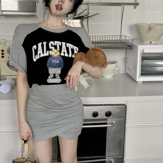 セットアップ レディース 韓国Tシャツ スカート 上下セット レディース 半袖 ロゴ アニマル ラグランTシャツ タイトスカート 上下 2点セット