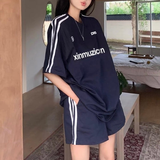 セットアップ レディース ライン Tシャツ ハーフパンツ 上下セット 韓国 ファッション 夏 オーバーサイズ スポーティー 2点セット