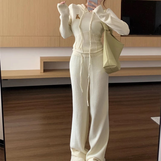 ニット パーカー セットアップ レディース 韓国 ファッション クロップド パーカー ワイドパンツ 上下セット