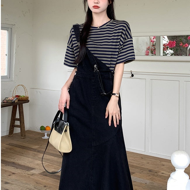 ジャンパースカート 韓国 セットアップ レディースブラック デニム サロペットスカート ボーダーTシャツ 2点セット 夏コーデ