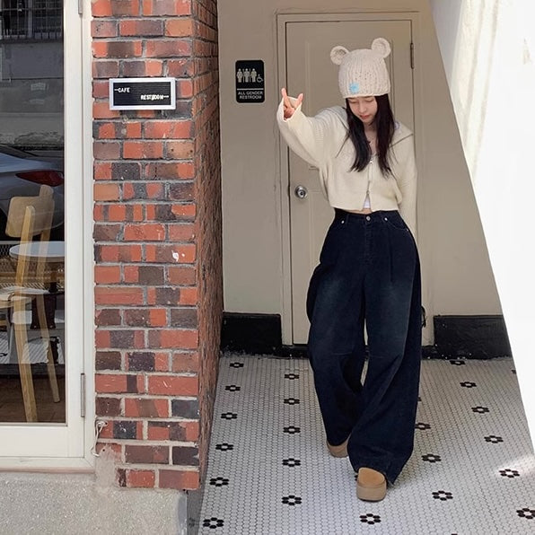 コーデュロイ ワイドパンツ レディース 韓国 ファッション 黒 カジュアル ストリート