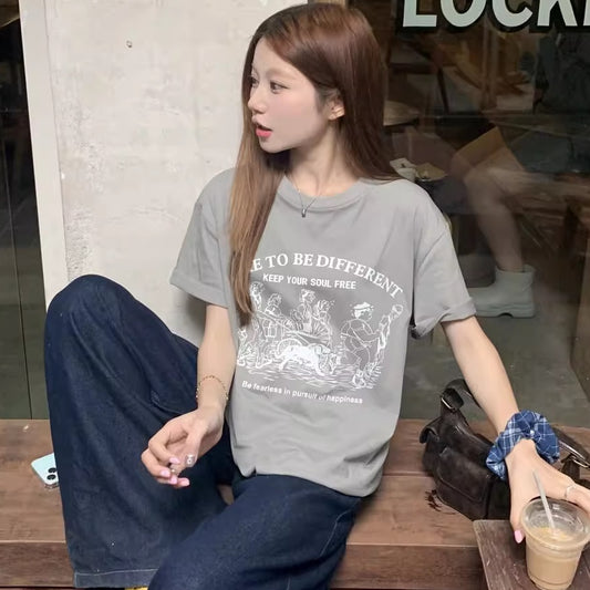 プリント Tシャツ レディース 韓国 ファッション カジュアル ヴィンテージプリント ドロップ T