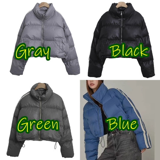 ショート エコダウン ジャケット レディース 韓国 アウター フェイクダウン 袖ライン クロップ ジャケット スタンドネック 防寒 冬