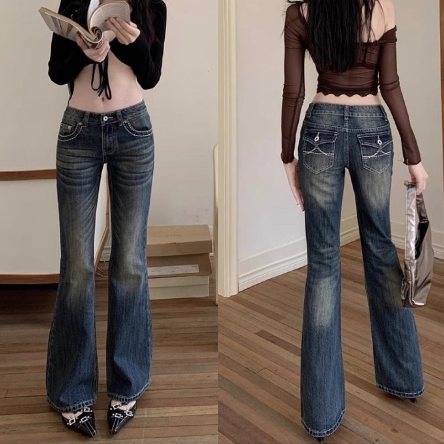 ローライズ フレア デニムパンツ レディース 韓国 ファッション 刺繍 バックポケット ステッチ レトロ かわいい きれいめ デニム ユーズド加工