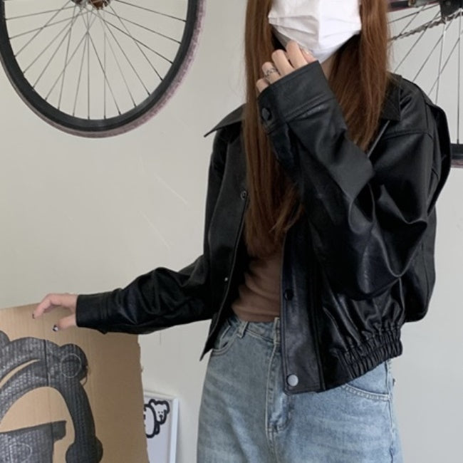 エコレザー ジャケット レディース 韓国 クロップド ショートジャケット オーバーサイズ 秋 アウター
