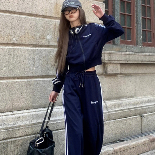ジャージ セットアップ レディース 韓国 ファッション サイドライン クロップド ジャケット フレア ワイドパンツ 上下セット