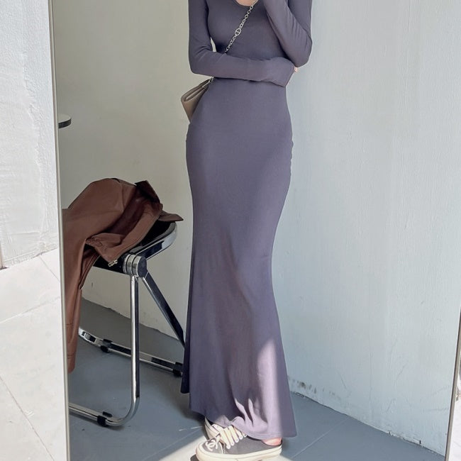 ロングワンピース タイトストレッチ レディース 韓国 ボディコンシャス 長袖 春ワンピース ニュアンスカラー スキッパー マーメイドスカート