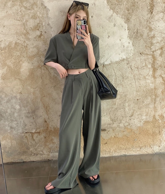 ジャケット セットアップ レディース 半袖 ジャケット ワイドパンツ 夏 スーツ 上下セット