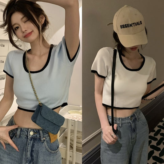 ニット Tシャツ レディース 韓国 半袖 夏 トップス クロップド丈 パイピング ニットT