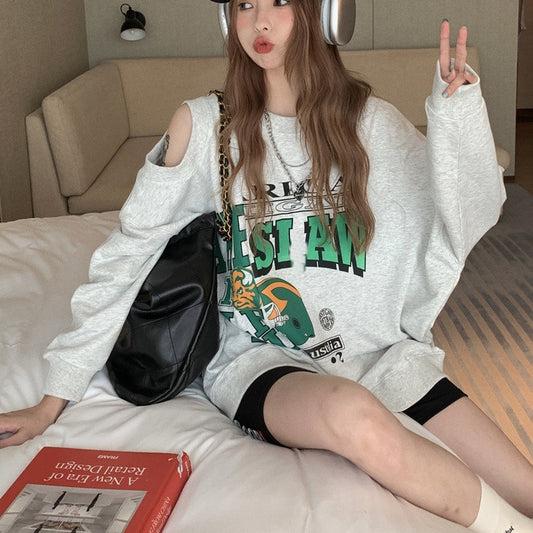 ショルダーカット ロゴ トレーナー レディース 韓国 ビッグシルエット スウェットシャツ ロゴプリント