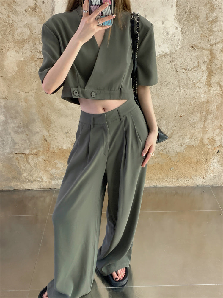 ジャケット セットアップ レディース 半袖 ジャケット ワイドパンツ 夏 スーツ 上下セット