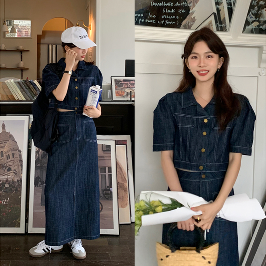 デニム セットアップ レディース 韓国 ファッション 半袖 シャツ クロップトップ ロングスカート スリット デニムスカート マーメイド Aライン