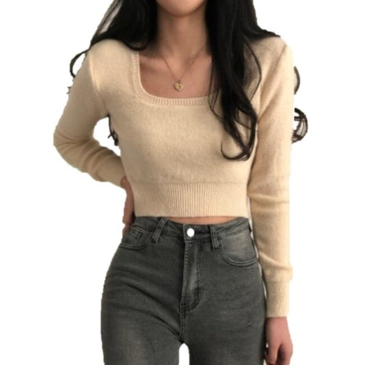 ショート丈トップス スクエアネック リブニット カットソー 長袖 韓国 ファッション レディース 秋