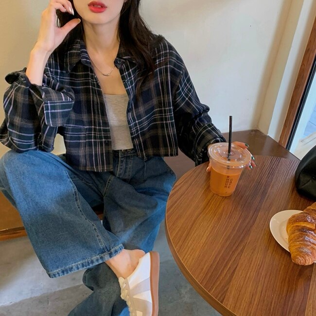 チェック ショート シャツジャケット レディース 韓国 クロップド シャツジャケット ネルシャツ