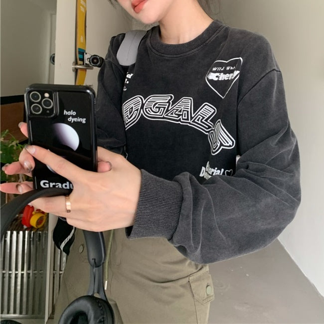 クロップド ロングTシャツ レディース 韓国 ファッション ロゴ ロンT 長袖 オーバーサイズ ショート丈 クロップトップ