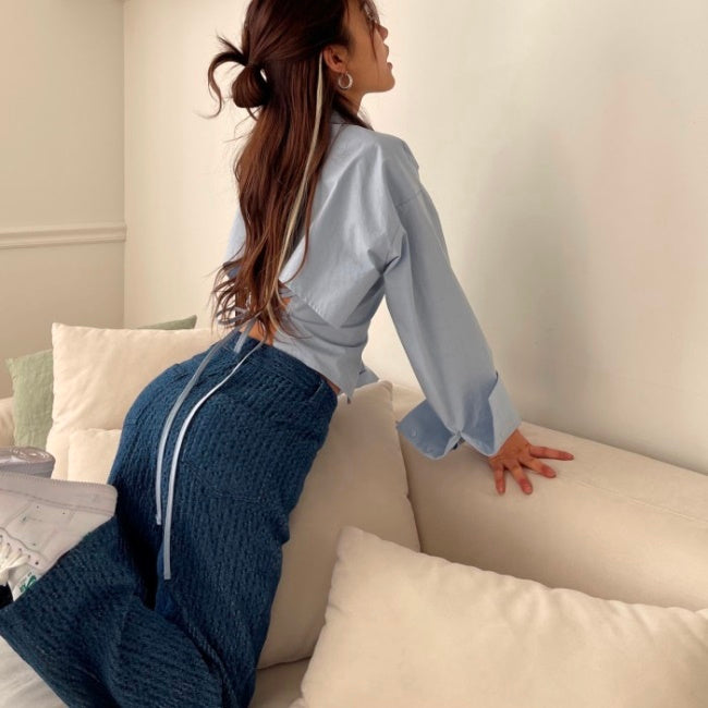 バックシャン シャツ レディース 背中見せ カットアウト レースアップ セクシー ブラウス 韓国 ファッション 春 トップス