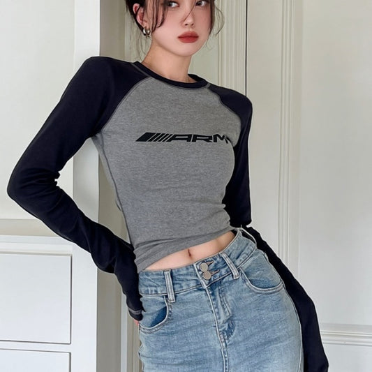クロップド ラグラン ロンT レディース 韓国 ファッション バイカラー 長袖 タイト ストレッチ ロングTシャツ