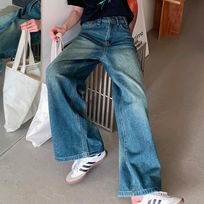デニム ワイドパンツ レディース 韓国 ファッション モップパンツ ブルーデニム ビンテージ加工 大人カジュアル デニムパンツ