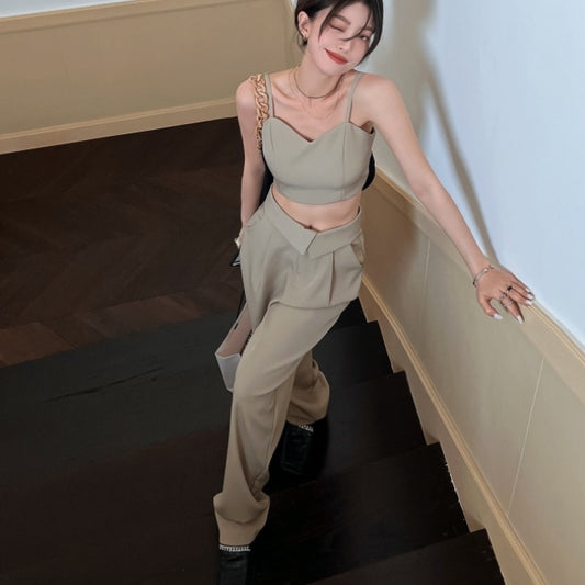 夏 セットアップ レディース キャミ ビスチェ タック ワイドパンツ 上下 2点セット 韓国 ファッション レディース 韓国ファッション キャミソール ショート丈 トップス