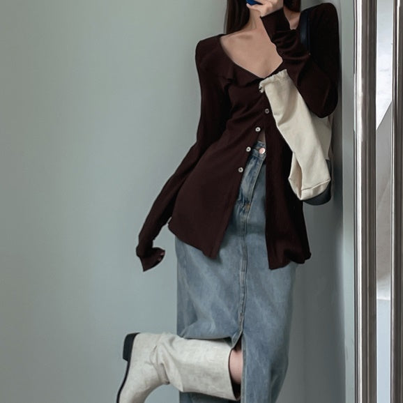 フリル ロング カーディガン レディース 韓国 ファッション タイト デコルテ ミドル シャツ カーディガン Vネック ロングシャツ カットソー スリット Aライン 春トップス フリル襟