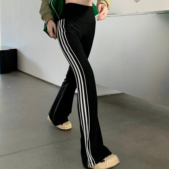 サイドライン フレア ジャージパンツ レディース 韓国 ファッション ラインパンツ タイト フレアパンツ