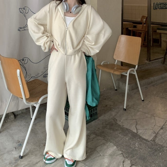 セットアップ レディース パーカー 韓国 ファッション オーバーサイズ ワッフル ジップパーカー ワイドパンツ 上下セット